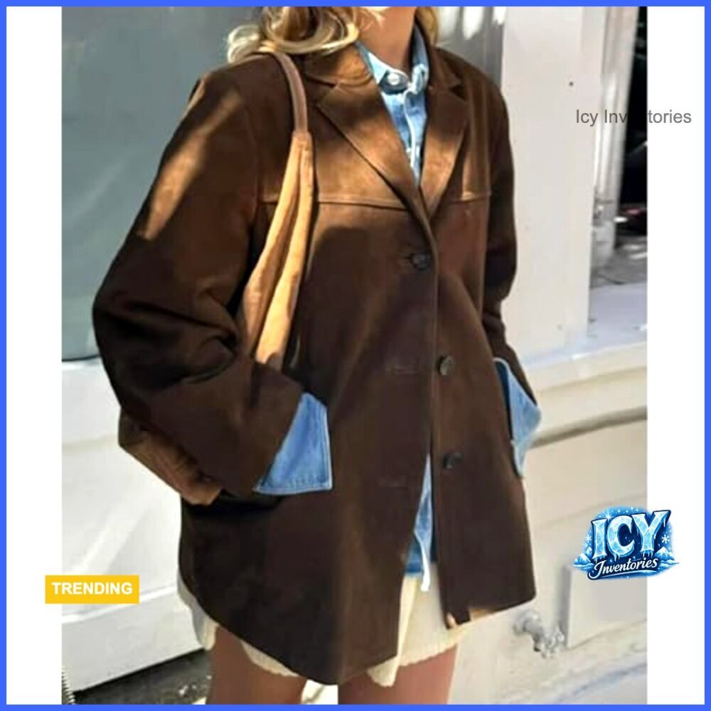 Faux Suede Oversized Blazer Jacket Button Down Lapel Trench Coat - Picture 3 of 6